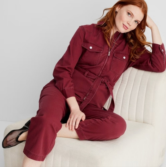 NWT Future Collective Burgundy Long Sleeve Zipper Jumpsuit Multiple Sizes - Picture 1 of 16
